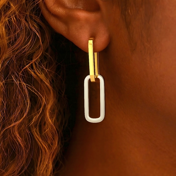 🆕️lMinimalist Chic Two Tone C Hoop Earrings 18K Gold Plated Stainless Steel - Picture 15 of 16